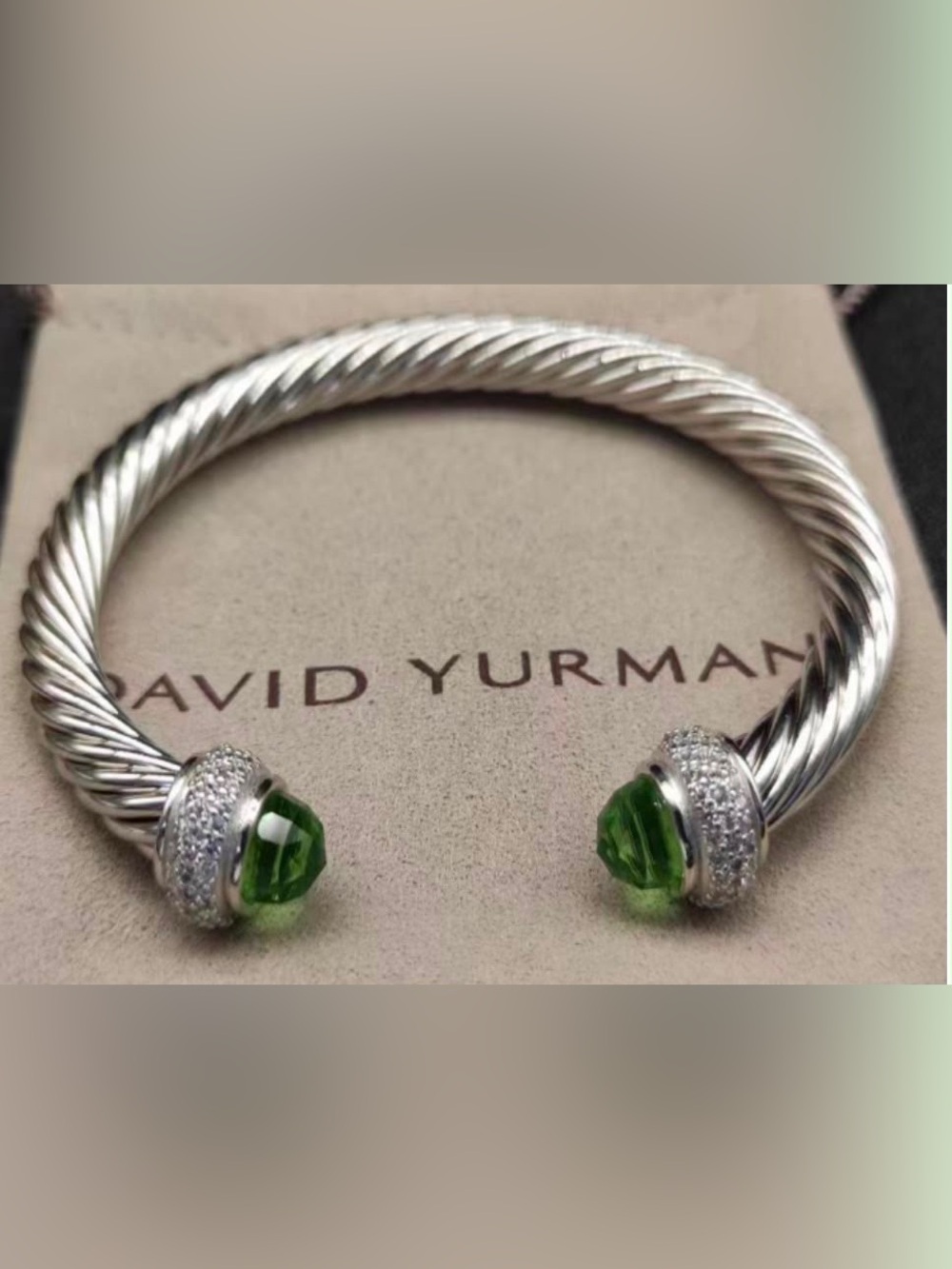 David Yurman Silver Cable Bracelet with Green Gemstone Terminals. 7mm